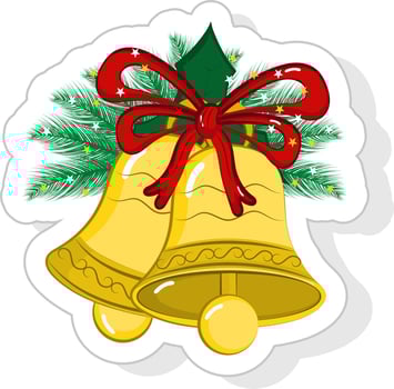 Illustration Of Decorative Jingle Bell With Holy Berry Leaves, Bow Ribbon In Sticker Style. vector