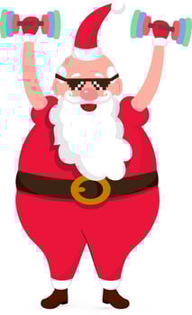 Cool Santa Clause wearing Black Goggles, Happy and Lifting Dumbbells. vector