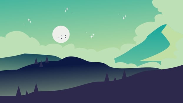 Vector cartoon silhouette of a mountain landscape with moon on the horizon with birds