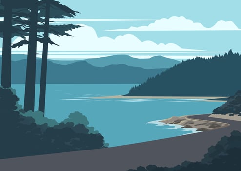 Flat design vector nature landscape with road at lake