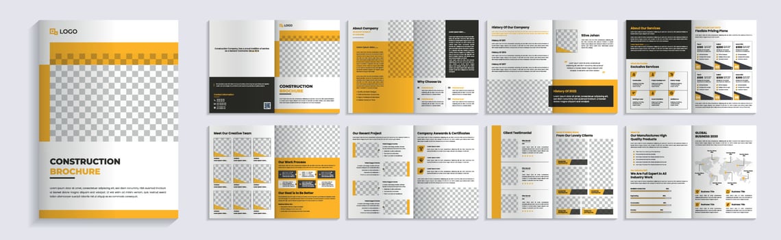 Construction brochure design template with yellow and black color, real estate brochure design, Corporate construction brochure, Business proposal vector