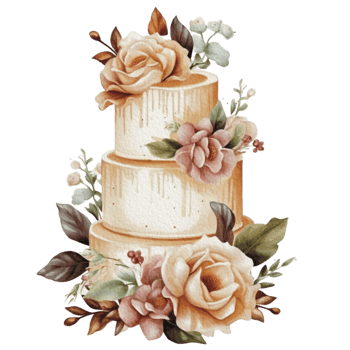 Watercolor wedding set. tiered white cream cake, rustic wood cake stand, champagne glasses, gold wedding, and flower arrangement. Isolated illustration for invitation, save the date. png