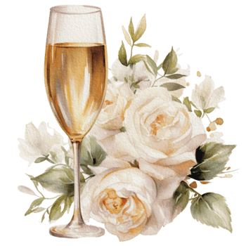 Watercolor wedding set. tiered white cream cake, rustic wood cake stand, champagne glasses, gold wedding, and flower arrangement. Isolated illustration for invitation, save the date. png