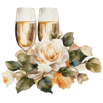 Watercolor wedding set. tiered white cream cake, rustic wood cake stand, champagne glasses, gold wedding, and flower arrangement. Isolated illustration for invitation, save the date. png