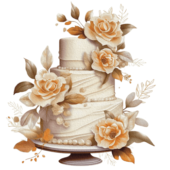 Watercolor wedding set. tiered white cream cake, rustic wood cake stand, champagne glasses, gold wedding, and flower arrangement. Isolated illustration for invitation, save the date. png