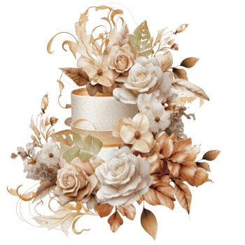 Watercolor wedding set. tiered white cream cake, rustic wood cake stand, champagne glasses, gold wedding, and flower arrangement. Isolated illustration for invitation, save the date. png