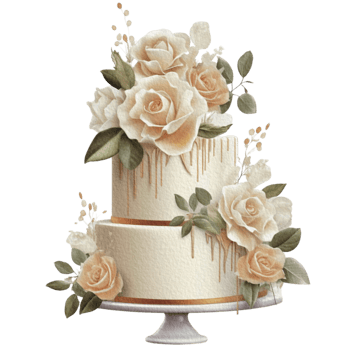 Watercolor wedding set. tiered white cream cake, rustic wood cake stand, champagne glasses, gold wedding, and flower arrangement. Isolated illustration for invitation, save the date. png