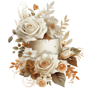 Watercolor wedding set. tiered white cream cake, rustic wood cake stand, champagne glasses, gold wedding, and flower arrangement. Isolated illustration for invitation, save the date. png
