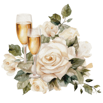 Watercolor wedding set. tiered white cream cake, rustic wood cake stand, champagne glasses, gold wedding, and flower arrangement. Isolated illustration for invitation, save the date. png