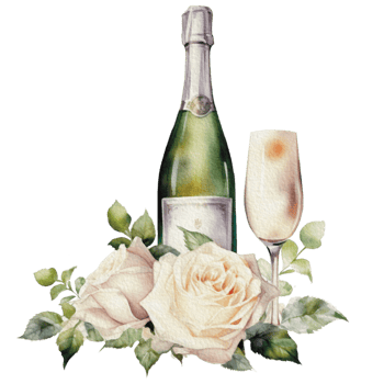 Watercolor wedding set. tiered white cream cake, rustic wood cake stand, champagne glasses, gold wedding, and flower arrangement. Isolated illustration for invitation, save the date. png