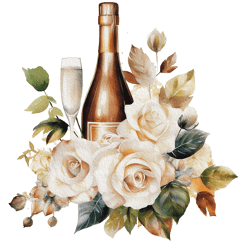 Watercolor wedding set. tiered white cream cake, rustic wood cake stand, champagne glasses, gold wedding, and flower arrangement. Isolated illustration for invitation, save the date. png