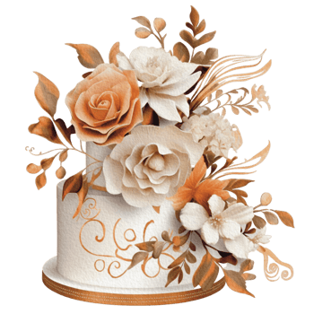 Watercolor wedding set. tiered white cream cake, rustic wood cake stand, champagne glasses, gold wedding, and flower arrangement. Isolated illustration for invitation, save the date. png