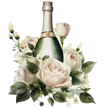 Watercolor wedding set. tiered white cream cake, rustic wood cake stand, champagne glasses, gold wedding, and flower arrangement. Isolated illustration for invitation, save the date. png