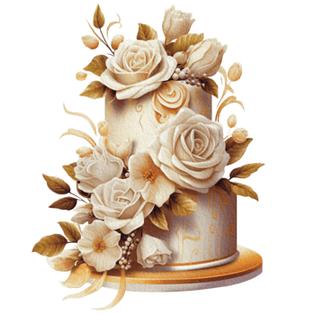 Watercolor wedding set. tiered white cream cake, rustic wood cake stand, champagne glasses, gold wedding, and flower arrangement. Isolated illustration for invitation, save the date. png