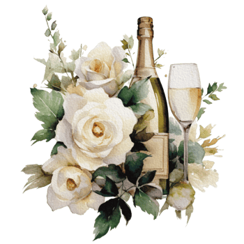 Watercolor wedding set. tiered white cream cake, rustic wood cake stand, champagne glasses, gold wedding, and flower arrangement. Isolated illustration for invitation, save the date. png
