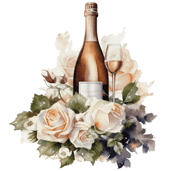 Watercolor wedding set. tiered white cream cake, rustic wood cake stand, champagne glasses, gold wedding, and flower arrangement. Isolated illustration for invitation, save the date. png