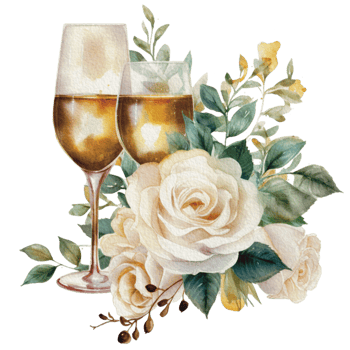 Watercolor wedding set. tiered white cream cake, rustic wood cake stand, champagne glasses, gold wedding, and flower arrangement. Isolated illustration for invitation, save the date. png