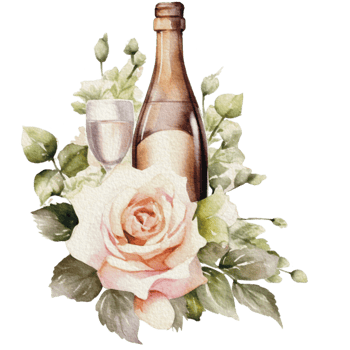 Watercolor wedding set. tiered white cream cake, rustic wood cake stand, champagne glasses, gold wedding, and flower arrangement. Isolated illustration for invitation, save the date. png