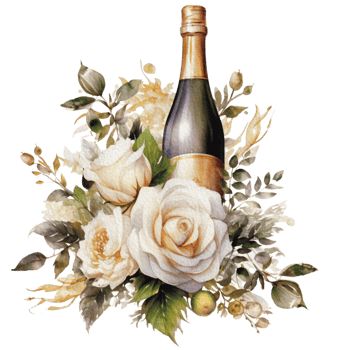 Watercolor wedding set. tiered white cream cake, rustic wood cake stand, champagne glasses, gold wedding, and flower arrangement. Isolated illustration for invitation, save the date. png