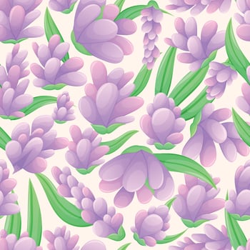 Violet bright buds with lavender or lilac petals with leaves. Vector cartoon seamless floral pattern.