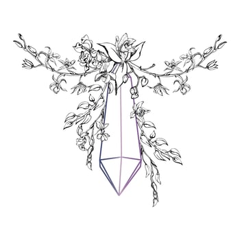 Hand drawn vector ink orchid flowers and branches, monochrome, detailed outline. Composition with crystal form. Isolated on white background. Design for wall art, wedding, print, tattoo, cover, card.