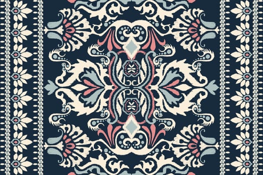 Ikat floral paisley embroidery on navy blue background.Ikat ethnic oriental pattern traditional.Aztec style abstract vector illustration.design for texture,fabric,clothing,wrapping,decoration,carpet.
