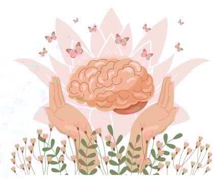 Mental health Hands holding a brain with flowers and butterflies. Healthy mental state, self-love, self-care, self-acceptance. Illustration, vector