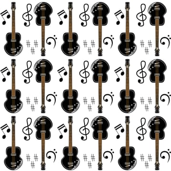Seamless pattern with guitar and musical notes. Electronic guitar, rock and jazz, vector illustration