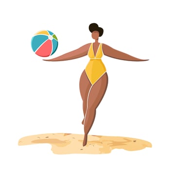 Beach Scene of a Woman playing with beach ball isolated on white background. Vacation on seashore coast Concept. Vector illustration