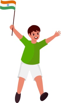 Happiness Young Boy Holding India Flag In Walking Pose. vector