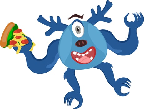 Cheerful One Eyed Cartoon Monster Holding Pizza Slice Flat Icon. vector