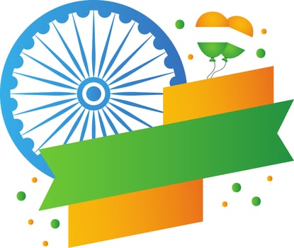 Isolated Ashoka Wheel With Tricolor Balloons And Copy Space Strip Background. vector