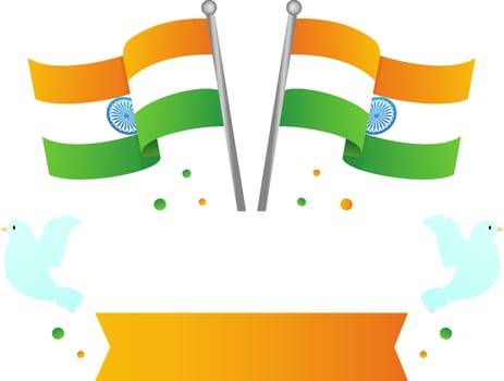 Isolated Blank Ribbon With Indian Wavy Flags And Flying Doves Background. vector