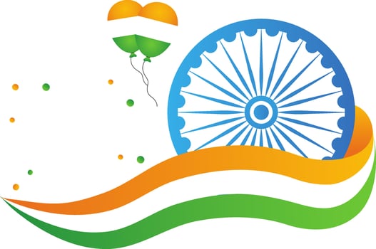 Isolated Wavy Flag Ribbons With Ashoka Wheel And Balloons Copy Space Background. vector