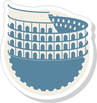 Sticker Style Colosseum Building With Circle Frame Element In Blue And Beige Color. vector