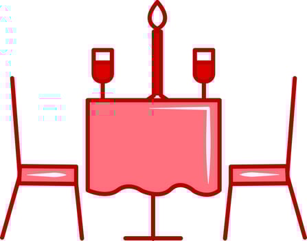Isolated Burning Candle With Couple Wine Glass On Table And Chairs Flat Icon In Red And White Color. vector