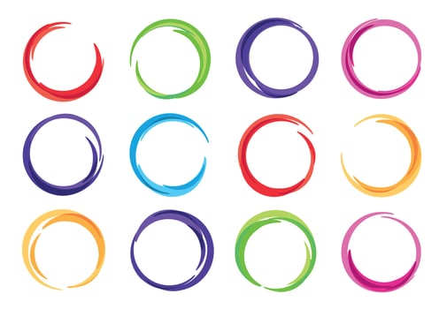 Color circles. Colorful round logo frame, circle swirl wave and vivid oval abstract swirling energy frames vector illustration set