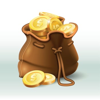 Golden coins bag. Gold coin in old antique sack, saving money purse and gold wealth 3D realistic vector illustration