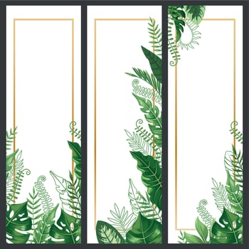 Exotic leaves banner. Tropical monstera leaf, palm branch and vintage hawaii nature plants vertical banners vector background set