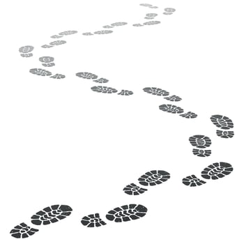 Walking away footsteps. Outgoing footprint silhouette, footstep prints and shoe steps going in perspective vector illustration