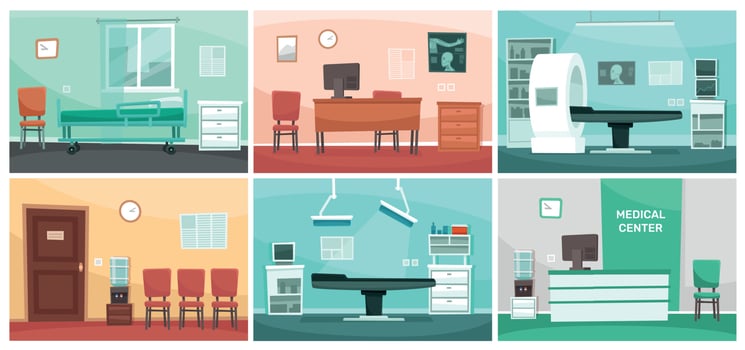 Cartoon hospital room. Medical interiors, doctor office and surgery clinic or hospitals empty waiting room interior vector illustration