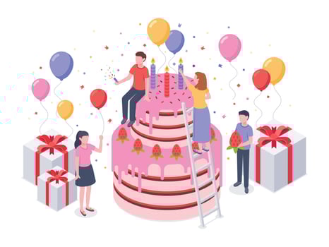 Isometric birthday cake. Party confetti, cakes present and birthdays surprise baking gift vector illustration