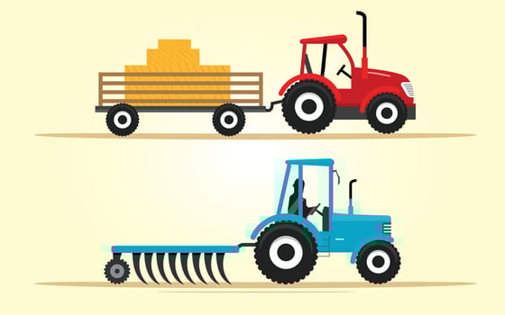 Set of two agricultural Tractor illustrations. Tractor carrying hay, combine harvester in the field, harvesting.  an environmentally friendly agricultural economy for business. Illustration vector