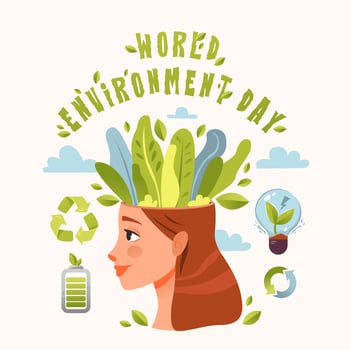 World Environment Day. A girl with flowers growing out of her head. Eco life, green Energy. Ecology concept. Cartoon vector illustration.