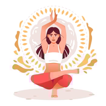 A woman meditates on one leg. Mental yoga. Flat vector illustration.
