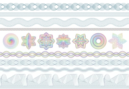 Guilloche patterns. Bank money security, banknotes seamless engraving and banking secure border. Banknote protective pattern vector set