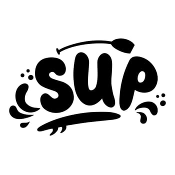 Hand lettering SUP or paddle board isolated graphic element. Water activity print, wave, surf, sticker, banner, logo, emblem design. Surf text, word, inscription. Vector illustration.