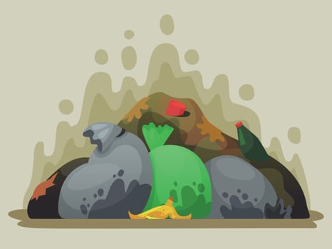 Garbage dump. Smelly trash in garbage bags, city dumps and pile of rubbish cartoon vector illustration
