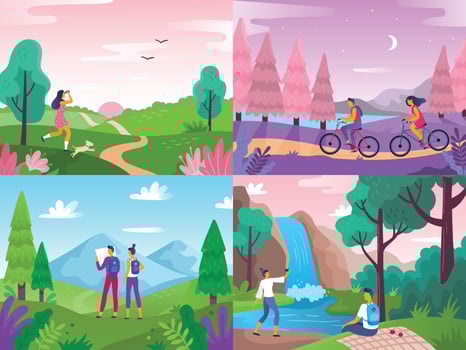 Tourism on nature. Mountaineering travelers, travel explore landscape and traveling sport rest flat vector illustration