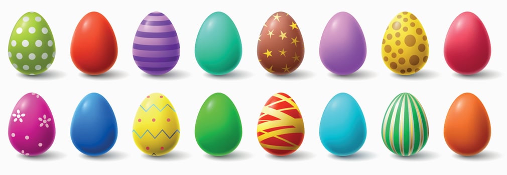 Colorful easter eggs. Holiday chicken egg decor, easter patterns realistic isolated vector illustration set